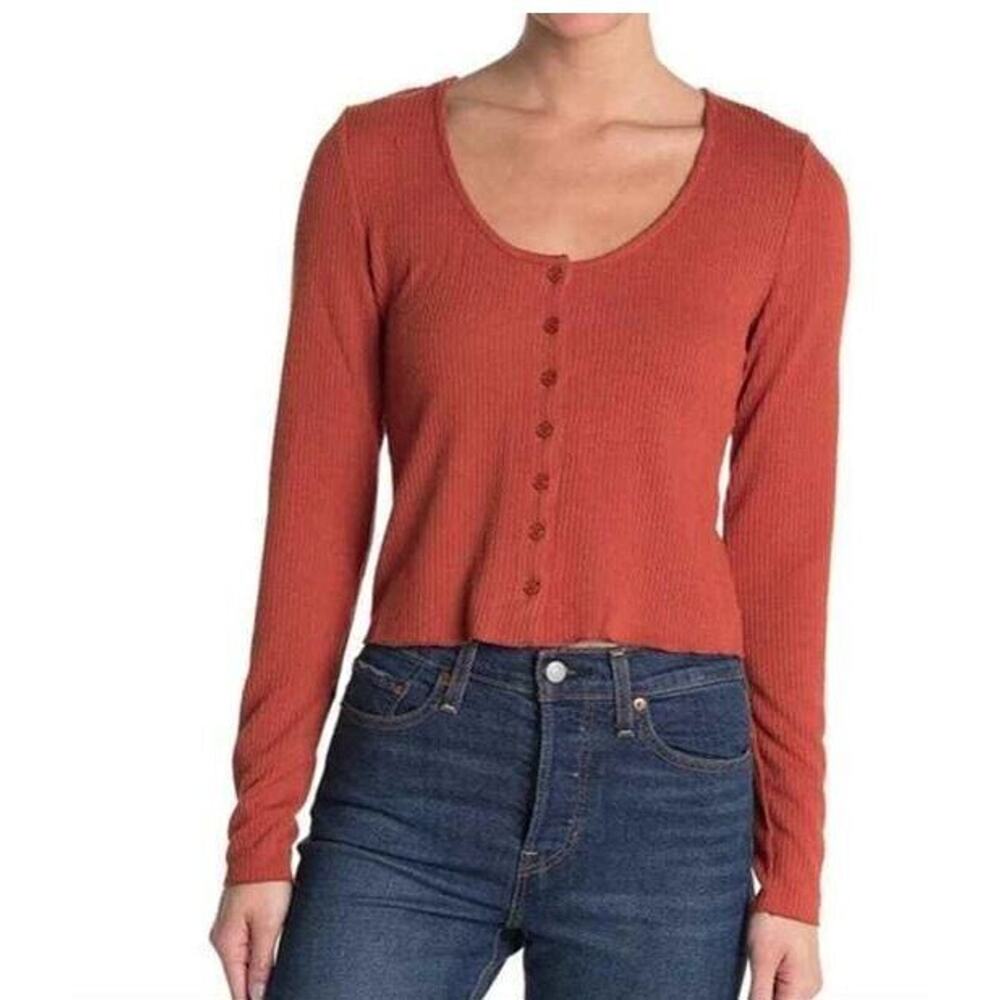 Abound Scoop Neck Long Sleeve Ribbed Knit Button Front‎ Top Rust Amber Medium